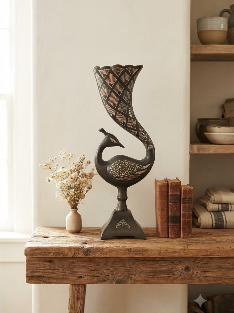Elegant Black and Silver inlay Bidriware metal peacock vase